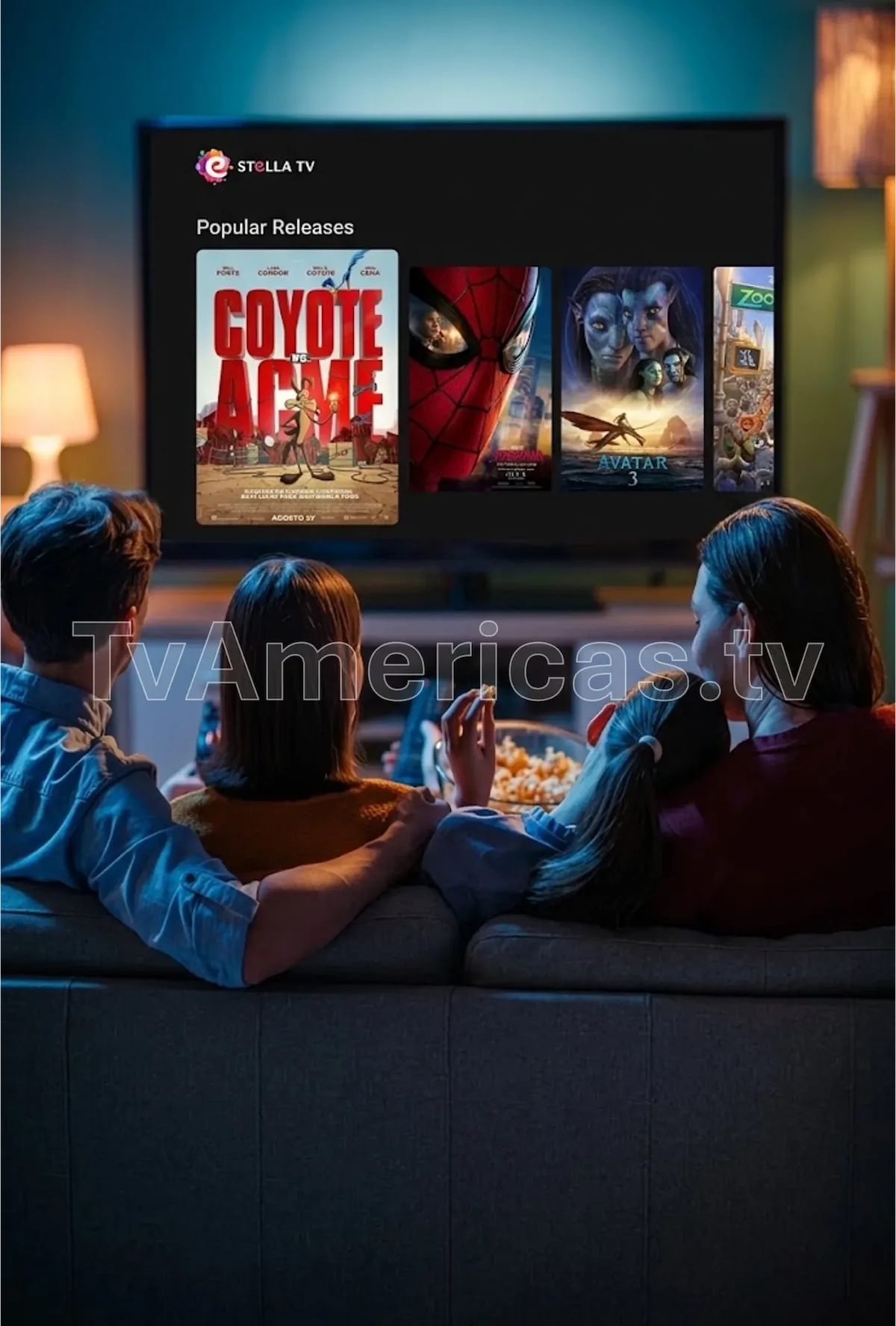 Familia riendo en el sofá mientras ve una película con palomitas