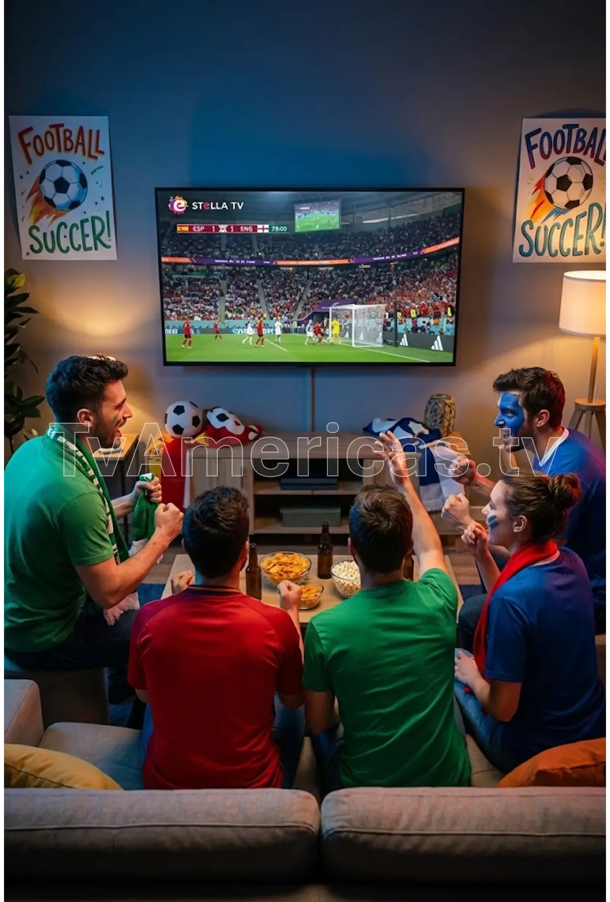 Hinchas con camisetas de su equipo celebrando un gol frente al televisor